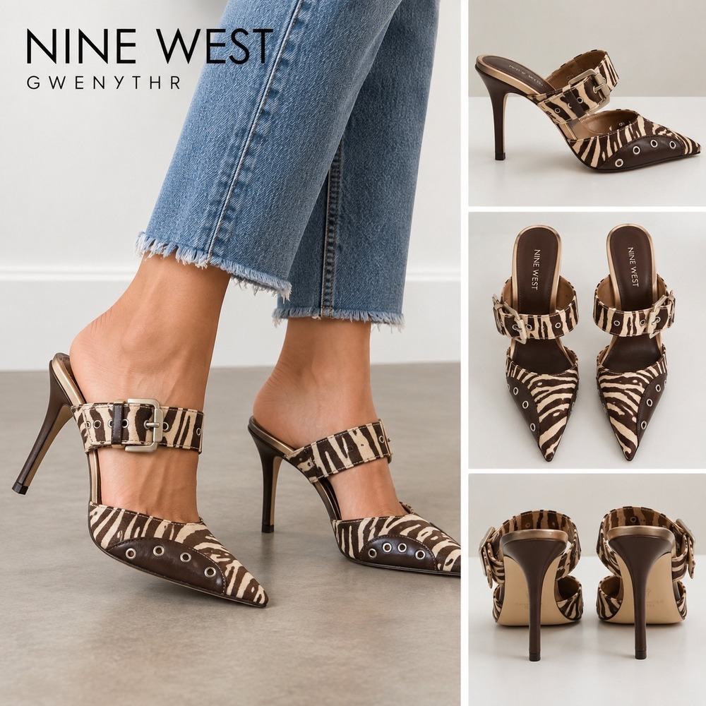 Nine West Gwenythr Women 9M Brown Zebra Print Pointed Toe Stiletto Mules Y2K